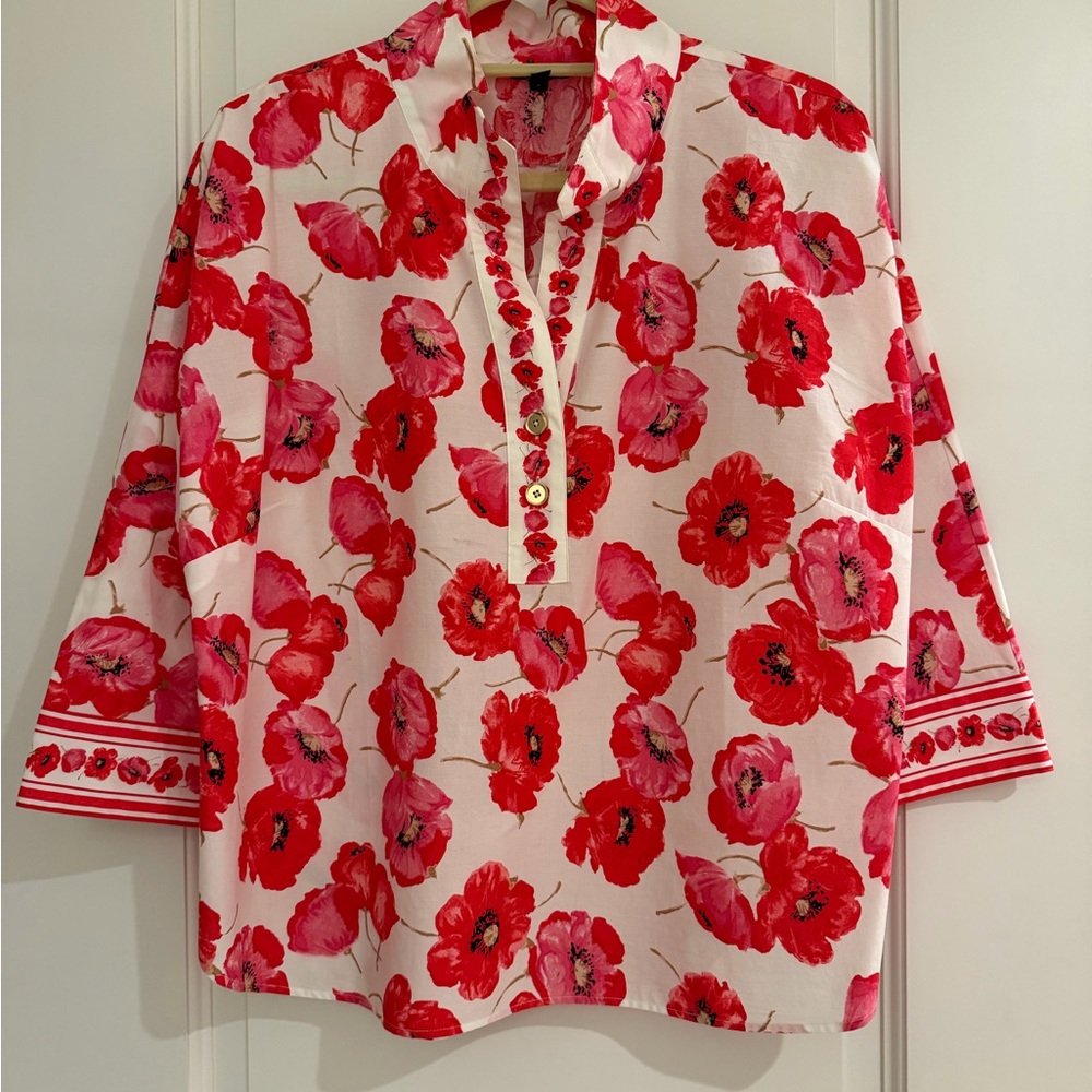 Talbots Red and Pink Floral Poppy Button-Front Tunic